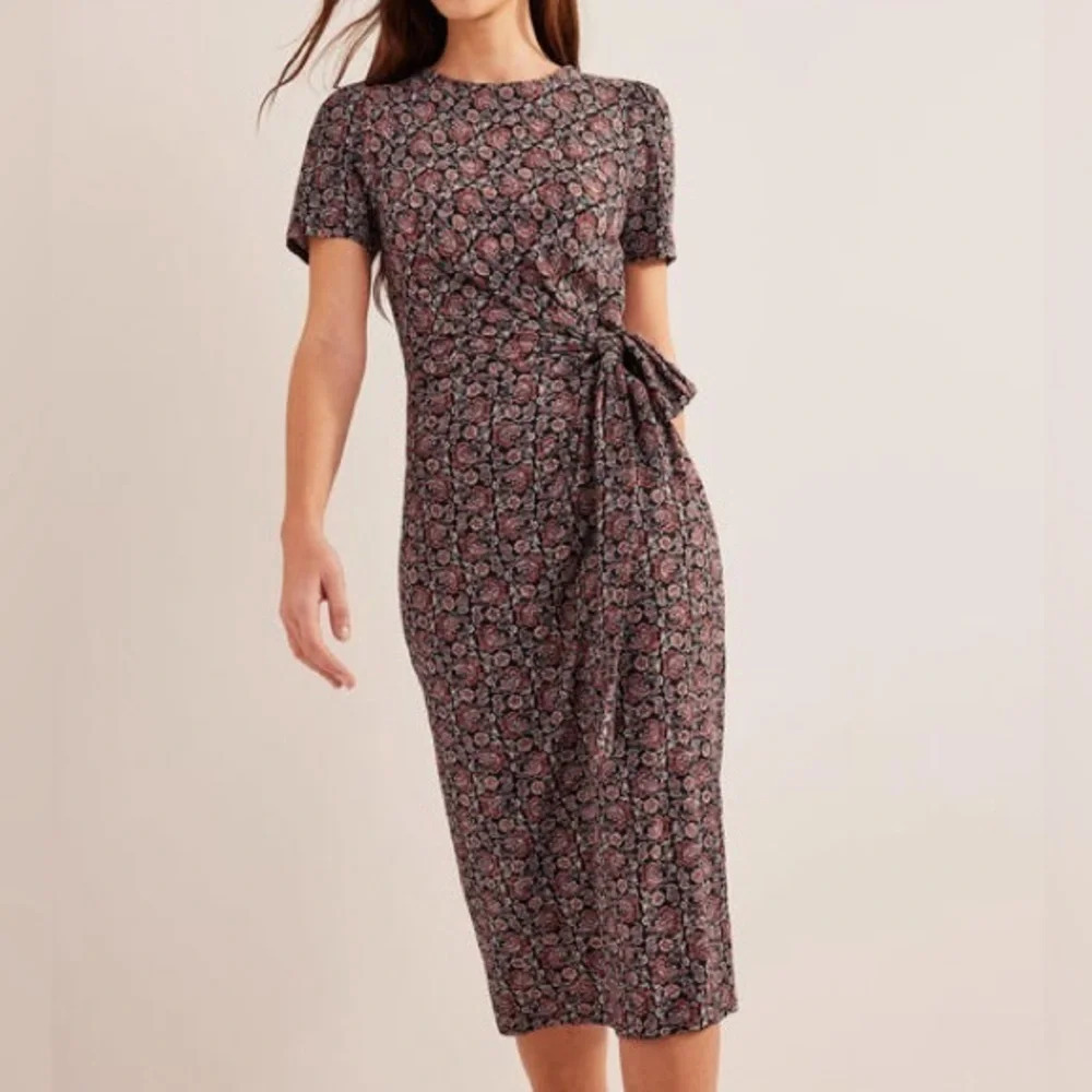 Boden Knot Front Jersey Midi Dress in Black Block Paisley - NEW - Size 16-18R
